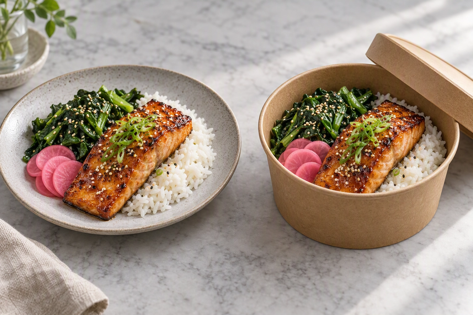 The same miso-glazed salmon dish plated and packed in a delivery bowl, so restaurant menu photos match what arrives