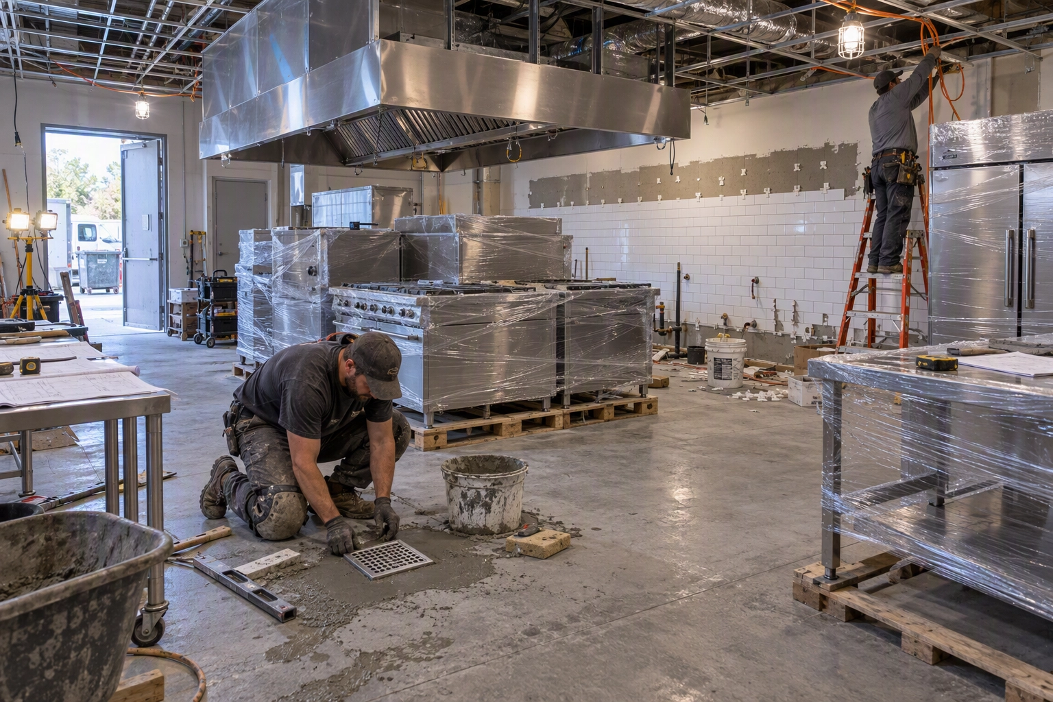 Restaurant kitchen buildout with shrink-wrapped stainless equipment on pallets while a plumber fits a floor drain
