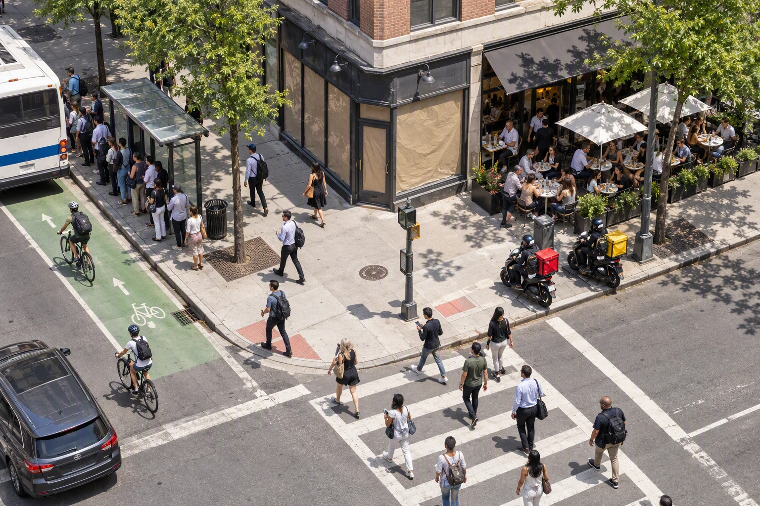Drone view of a vacant corner storefront beside a busy cafe patio at lunchtime, choosing a restaurant location by foot traffic
