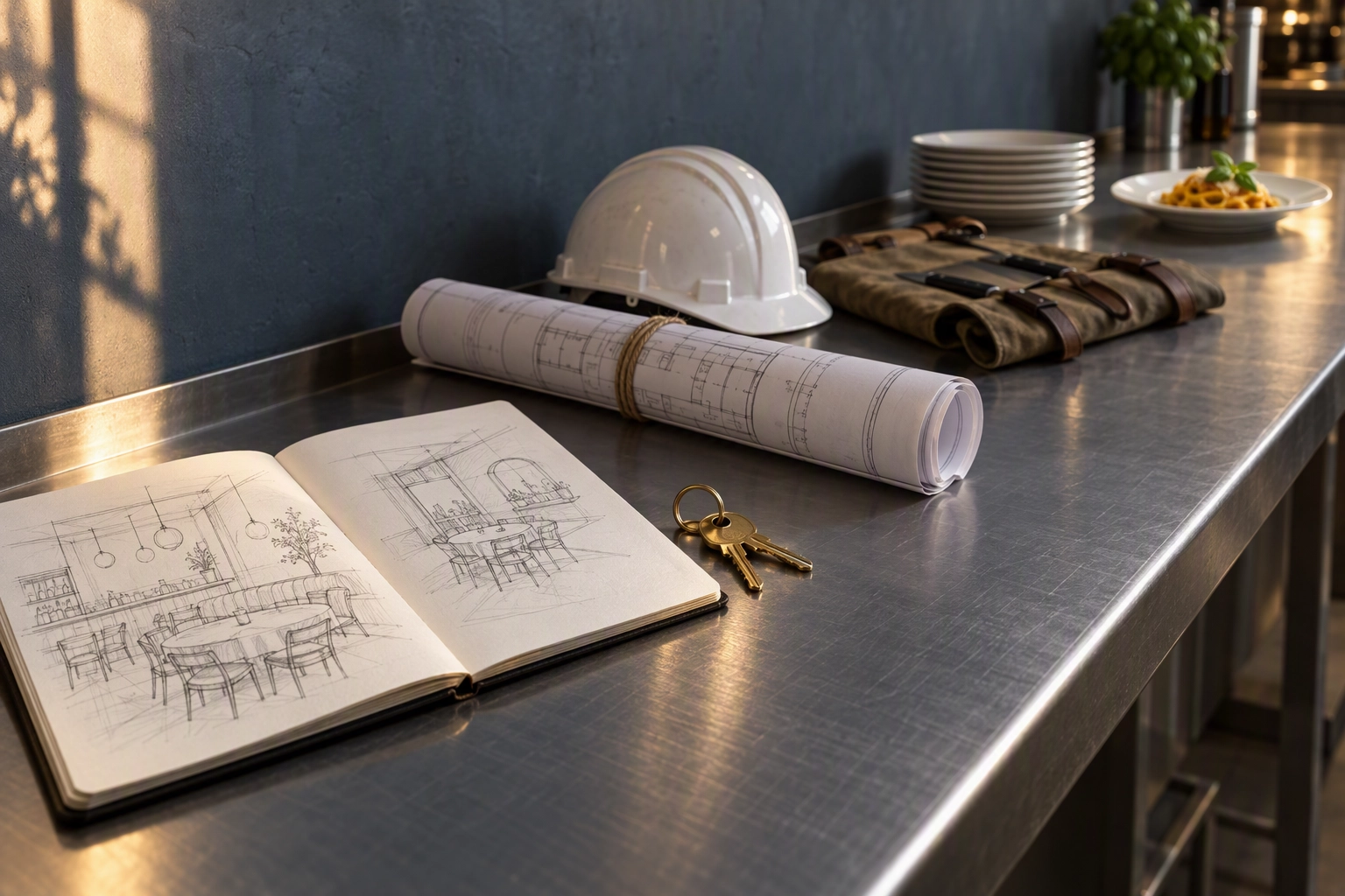 Objects lined along a steel counter from concept sketchbook to plated dish, a restaurant opening timeline of 12 to 18 months