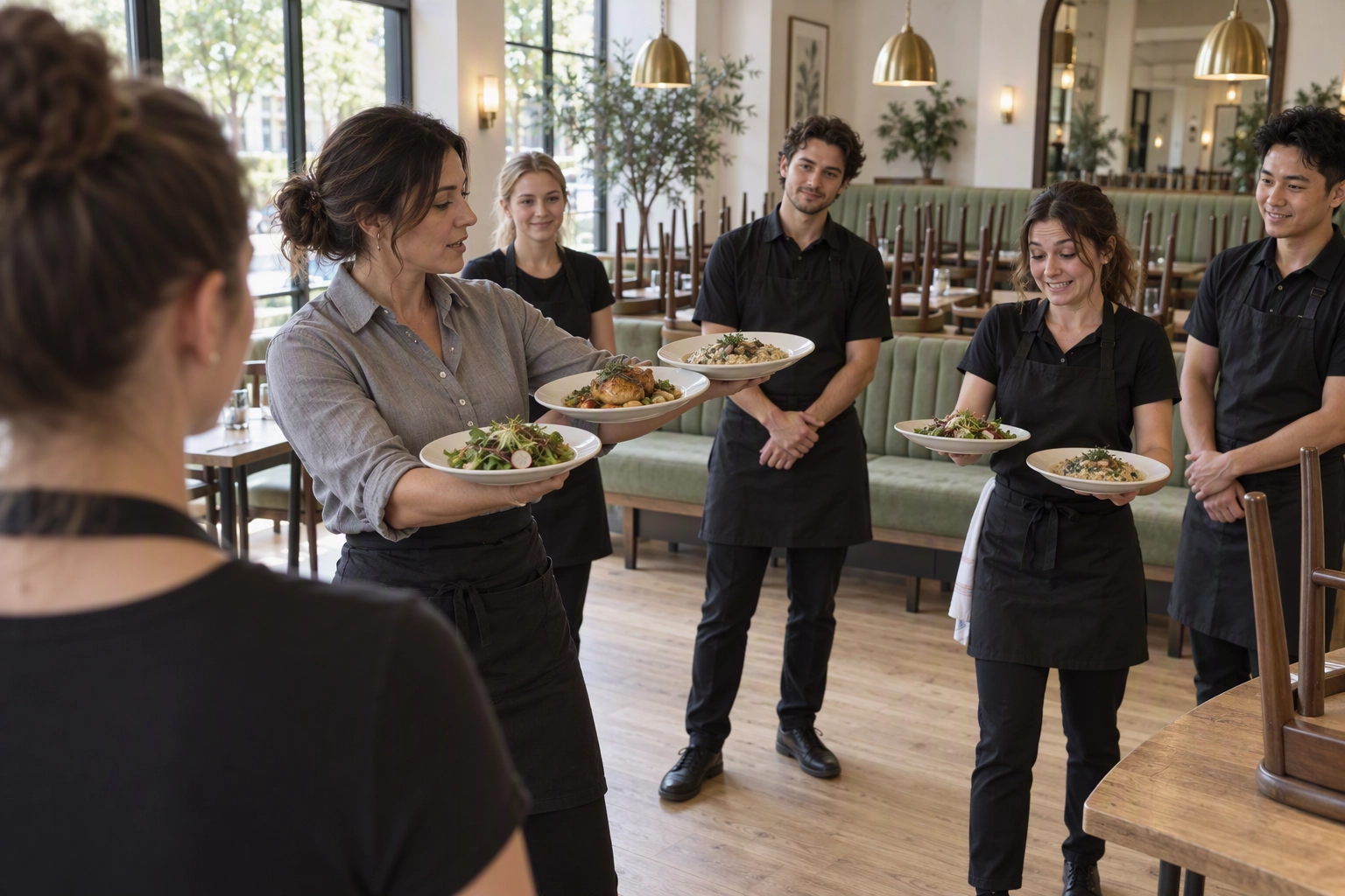 New restaurant staff practicing a three-plate carry with their general manager in an empty dining room before opening