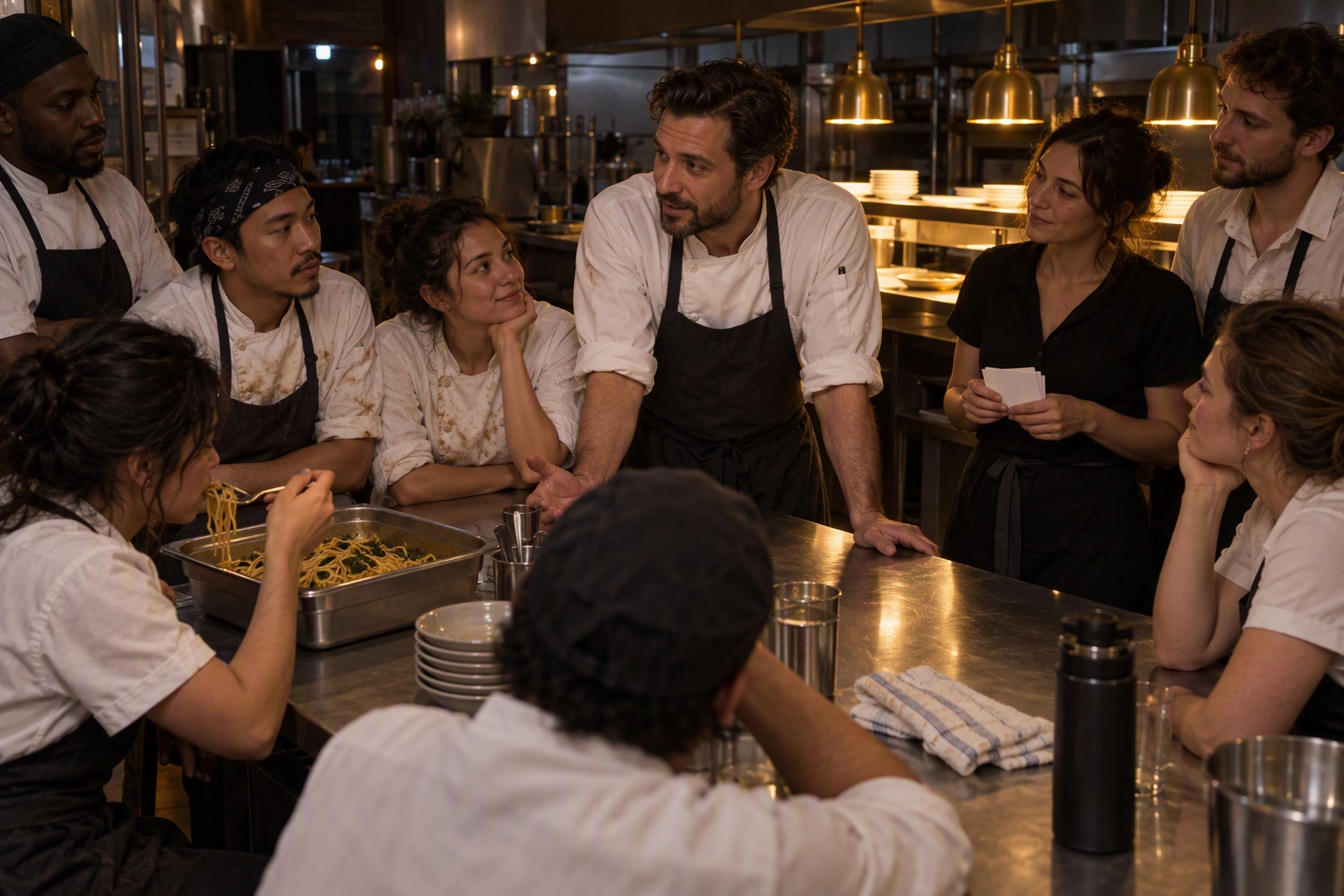 Restaurant team debriefing around a steel prep table late at night after a soft opening service