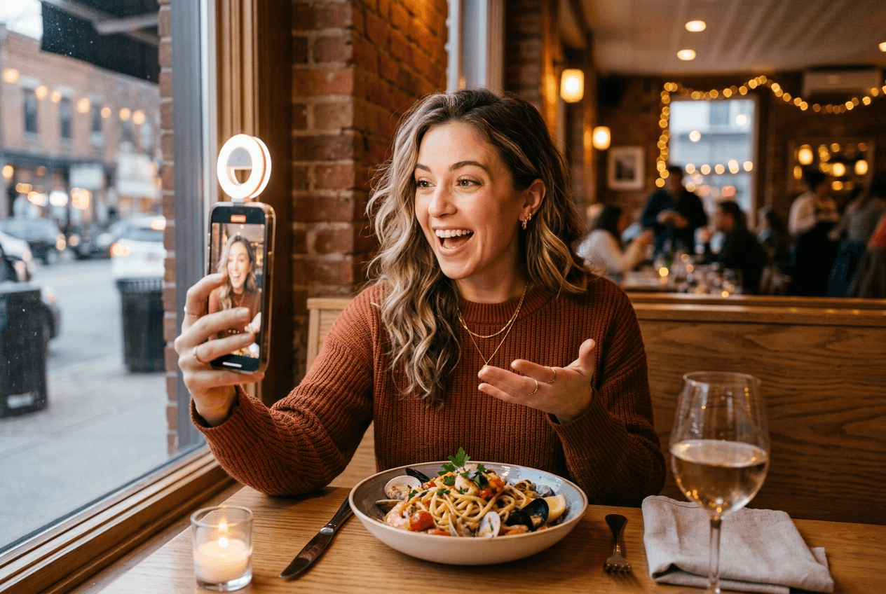 Food influencer filming restaurant review video for social media partnership promotion