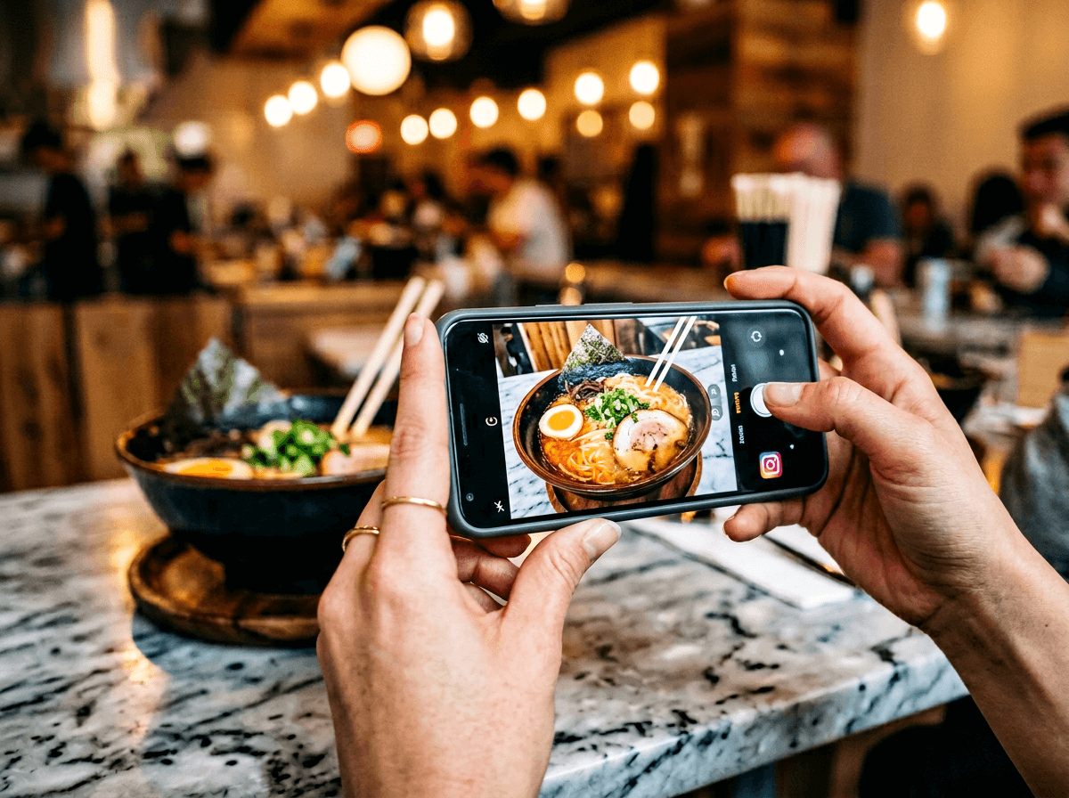 Hands capturing ramen bowl food photo on smartphone for restaurant social media content creation