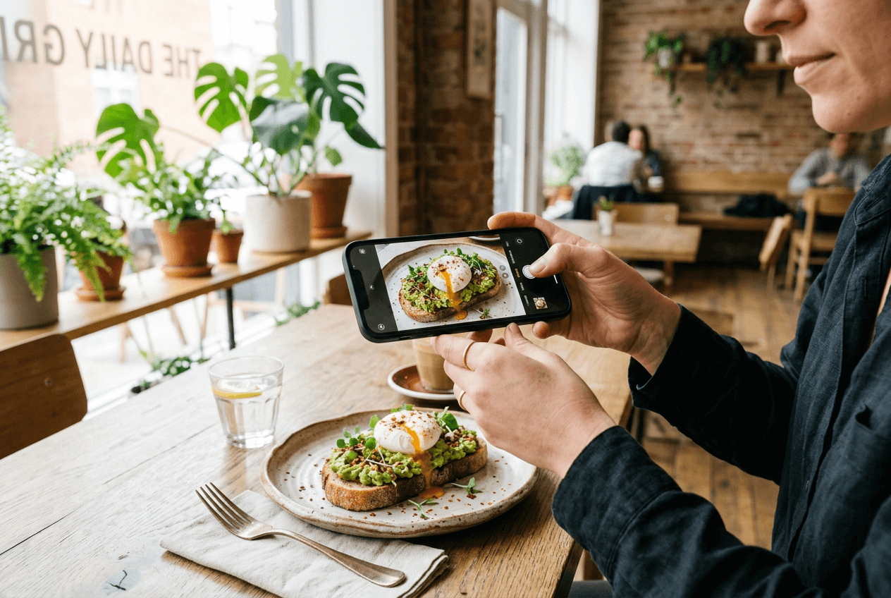 Restaurant owner photographing artful avocado toast dish on smartphone for Instagram social media content
