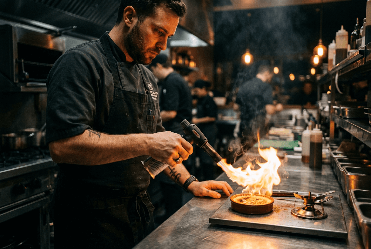 Chef torching creme brulee in restaurant kitchen behind-the-scenes content for TikTok social media