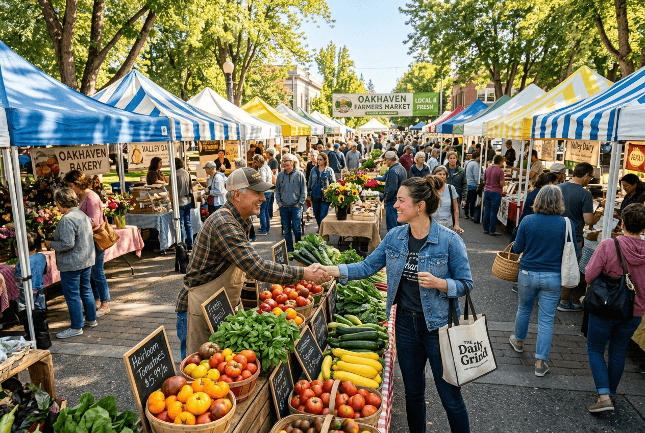 Restaurant owner partnering with local farmers market vendor for community-focused social media content