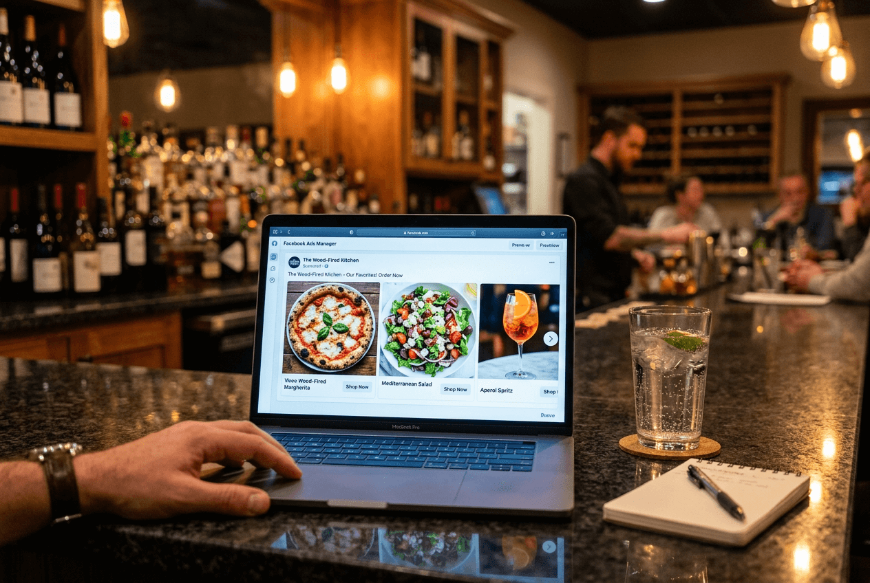 Restaurant paid social media advertising campaign with food photo carousel ads on laptop screen