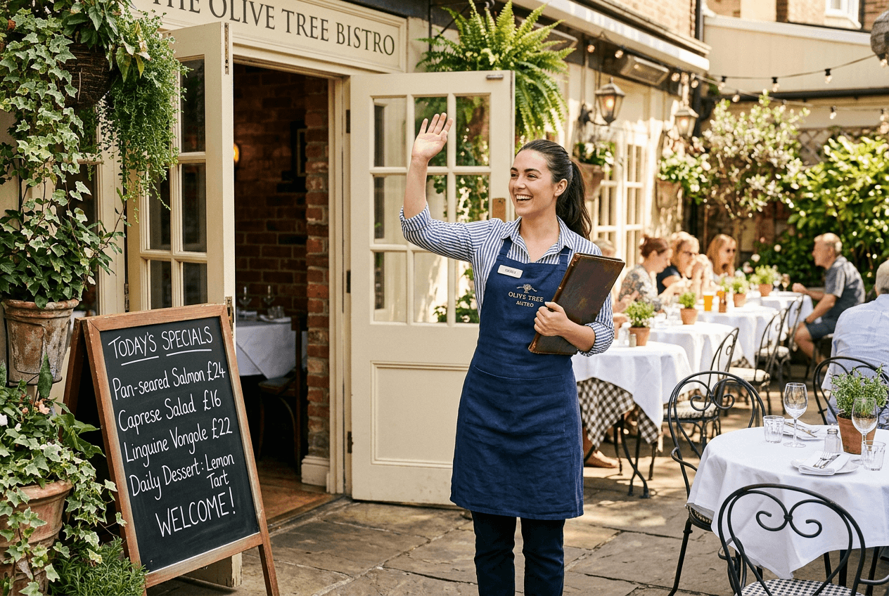 Friendly restaurant server greeting guests at bistro entrance for staff spotlight social media post