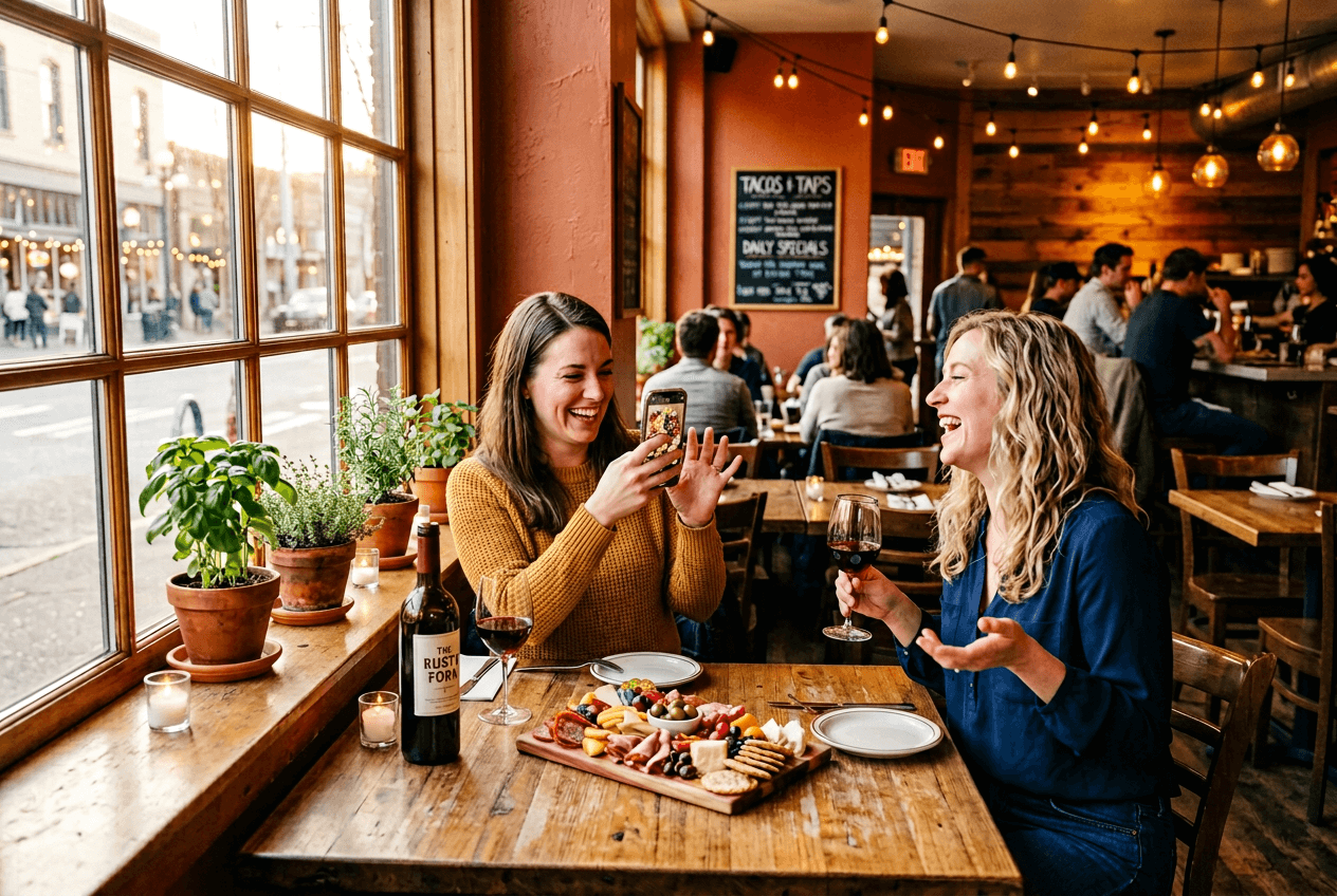 Diners sharing food photos at a cozy restaurant creating user-generated social media content