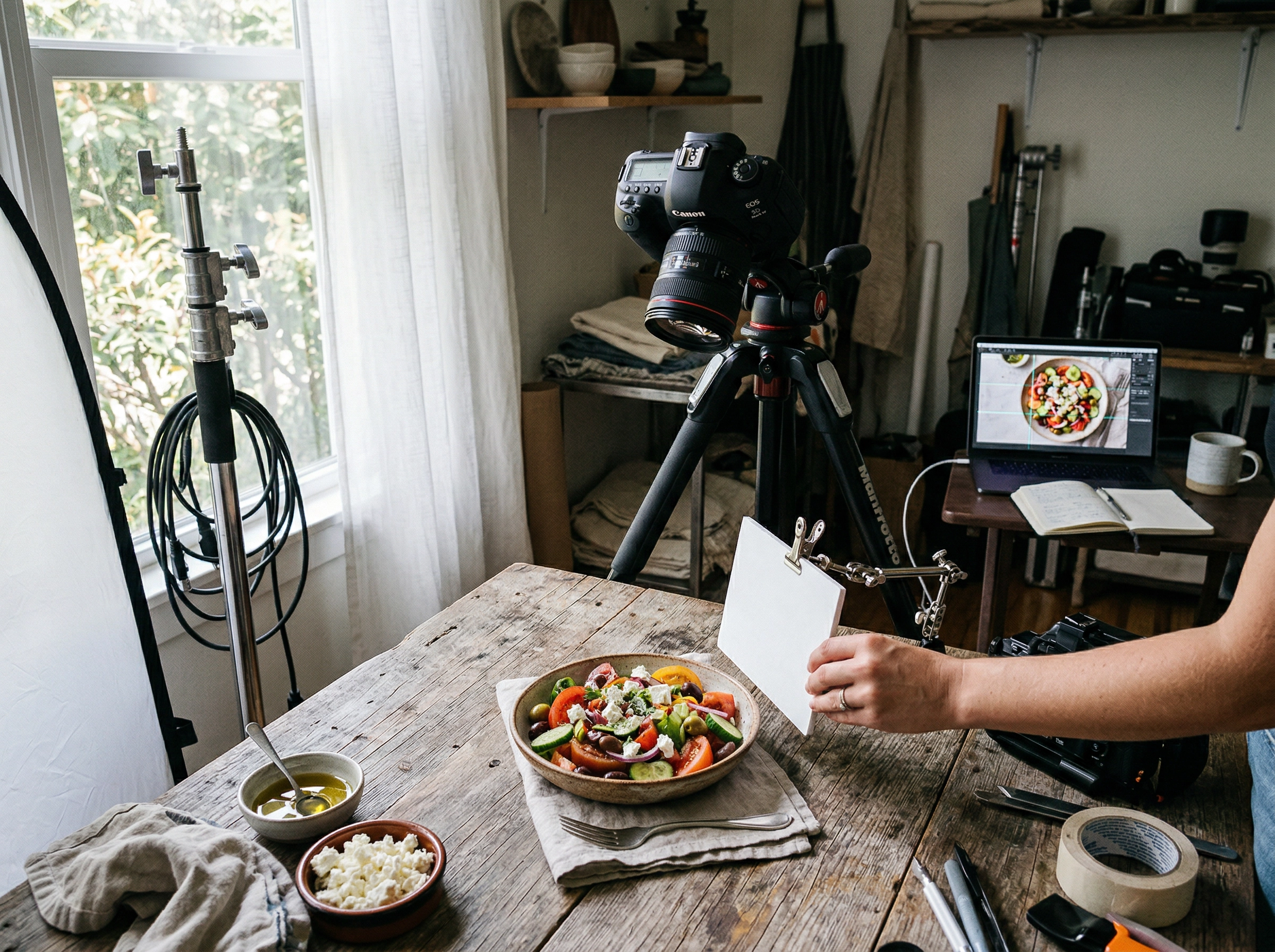 Behind-the-scenes food photography staging setup with natural window light, reflector, and tripod positioning