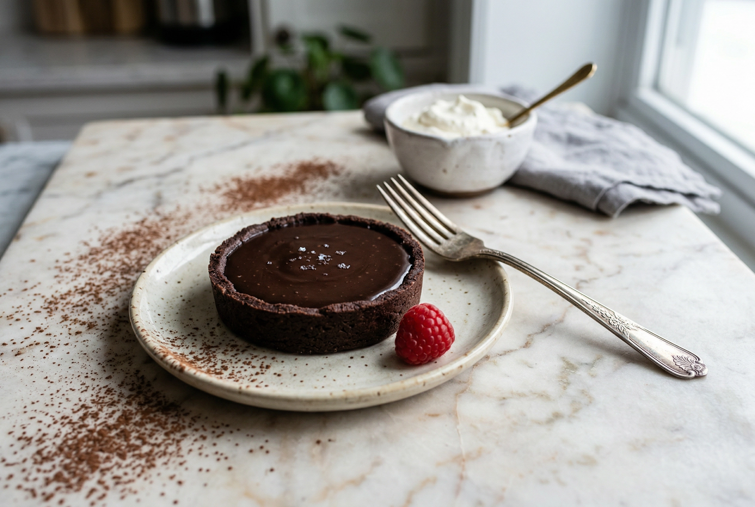 Rule of thirds composition in food photography staging with chocolate tart and diagonal leading lines