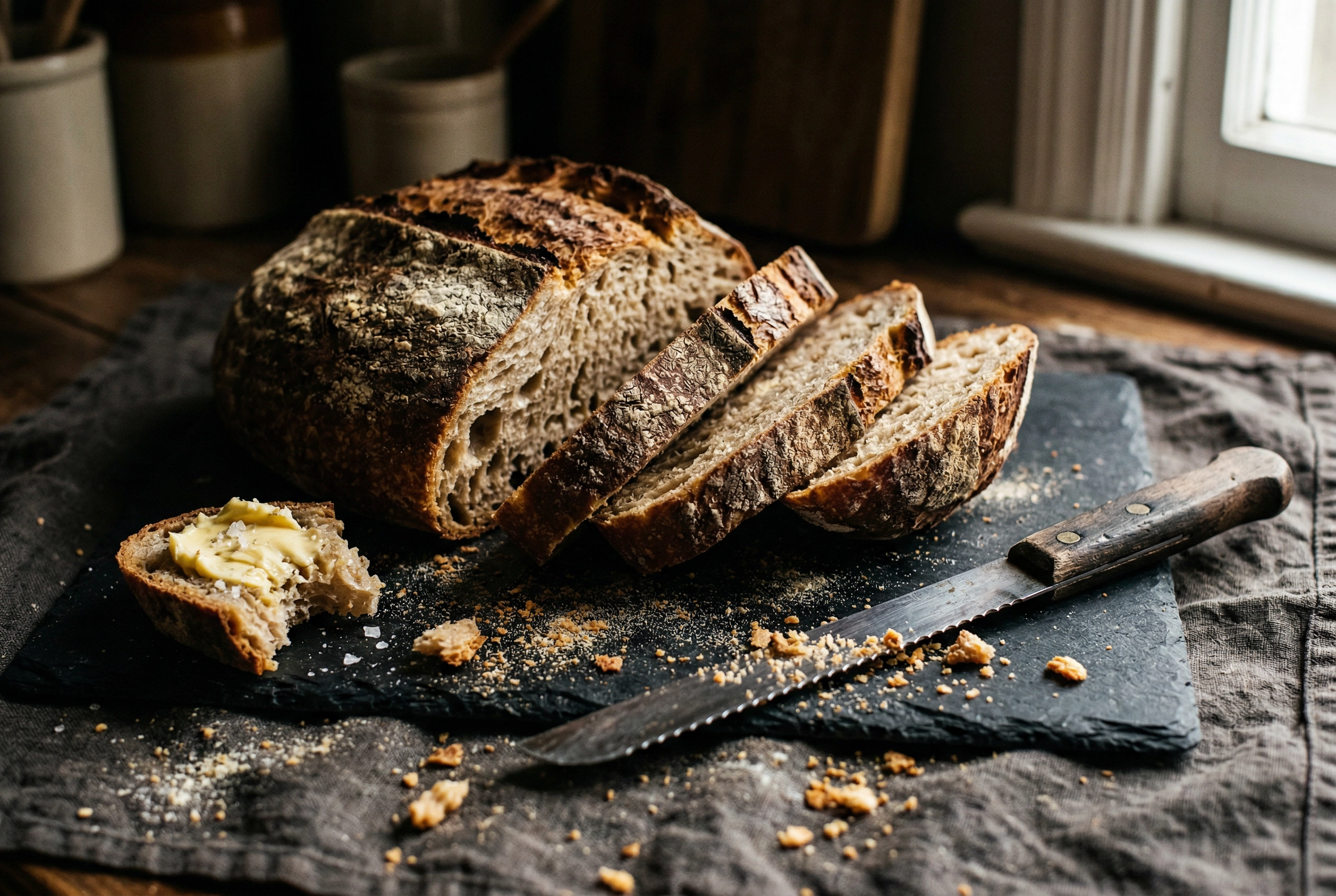 Controlled spill technique in food photography with artfully scattered bread crumbs and torn sourdough