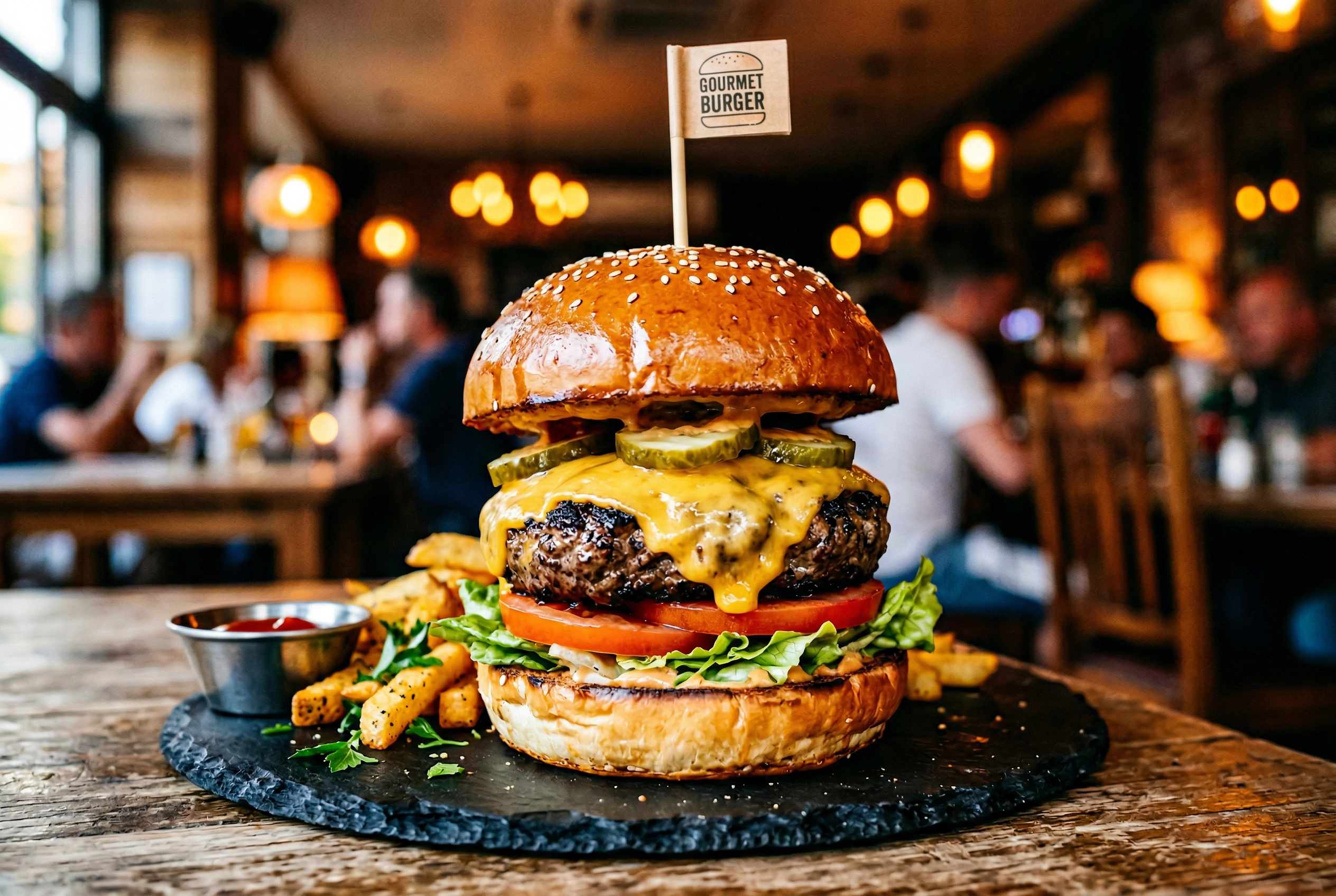 Eye-level hero shot of a stacked gourmet burger showing dramatic height staging for food photography