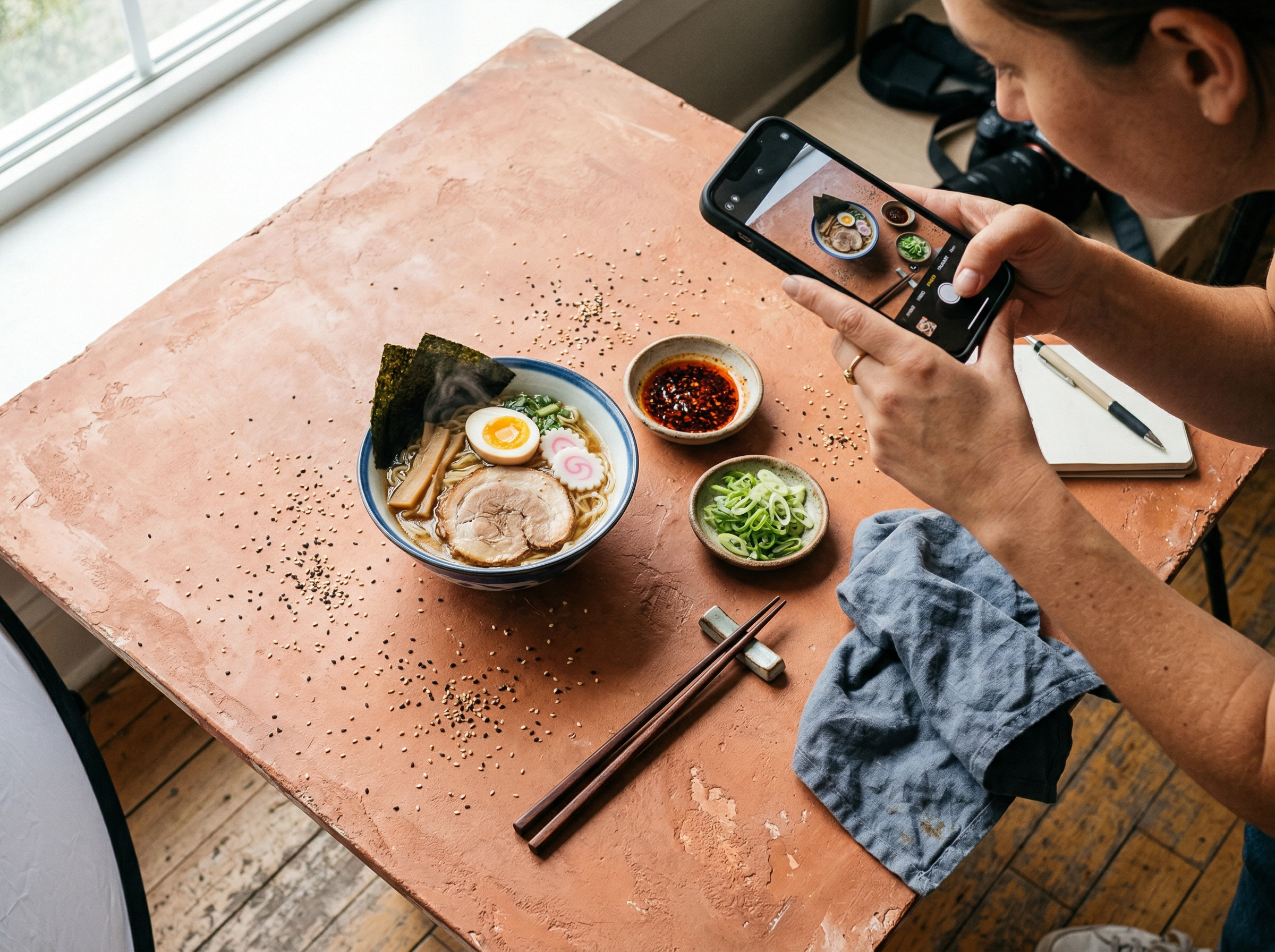 Overhead flat-lay food photography staging with ramen bowl and props arranged for an Instagram-ready shot