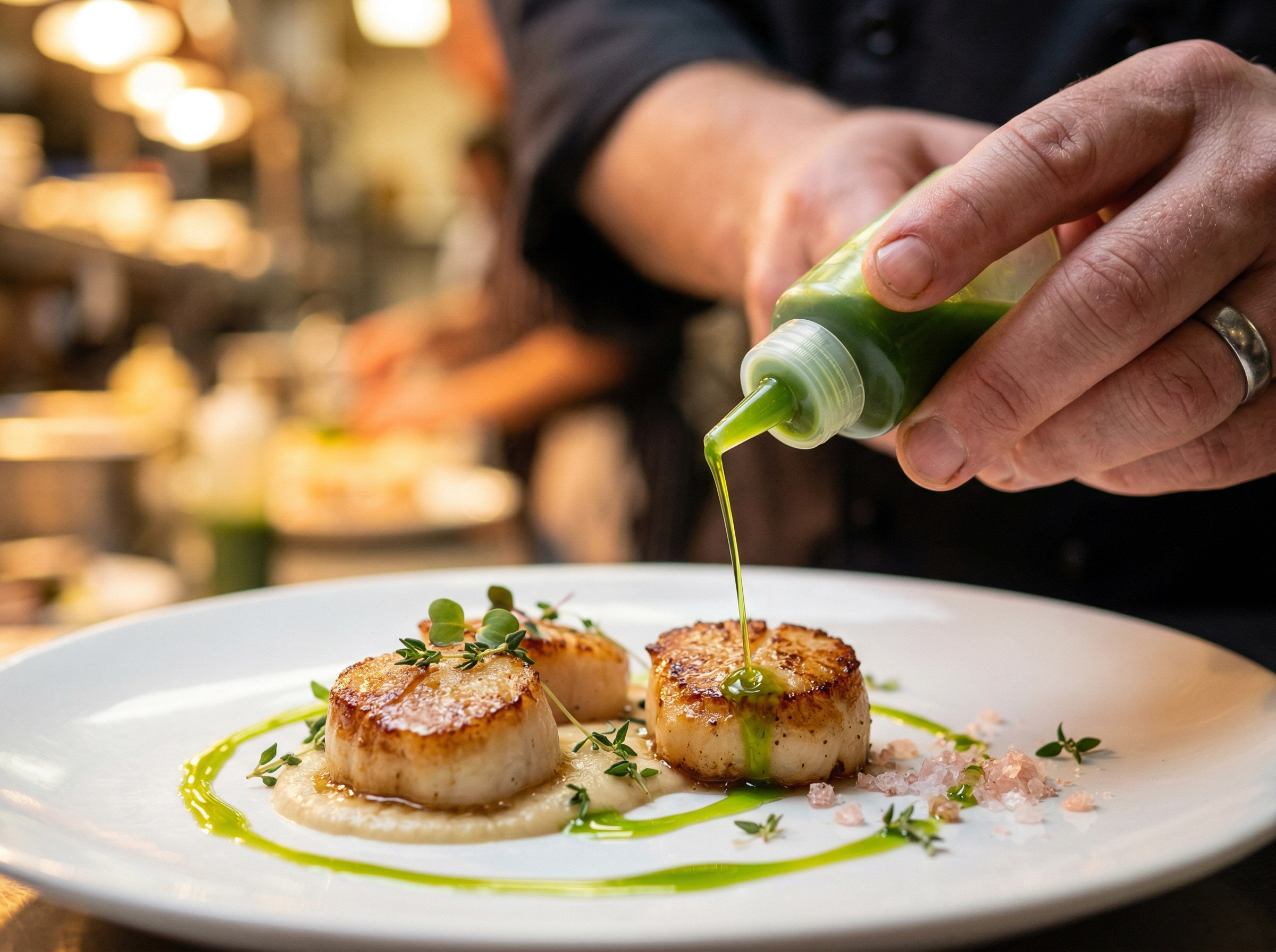 Chef applying finishing garnish drizzle of basil oil and sea salt flakes on seared scallops for food photography