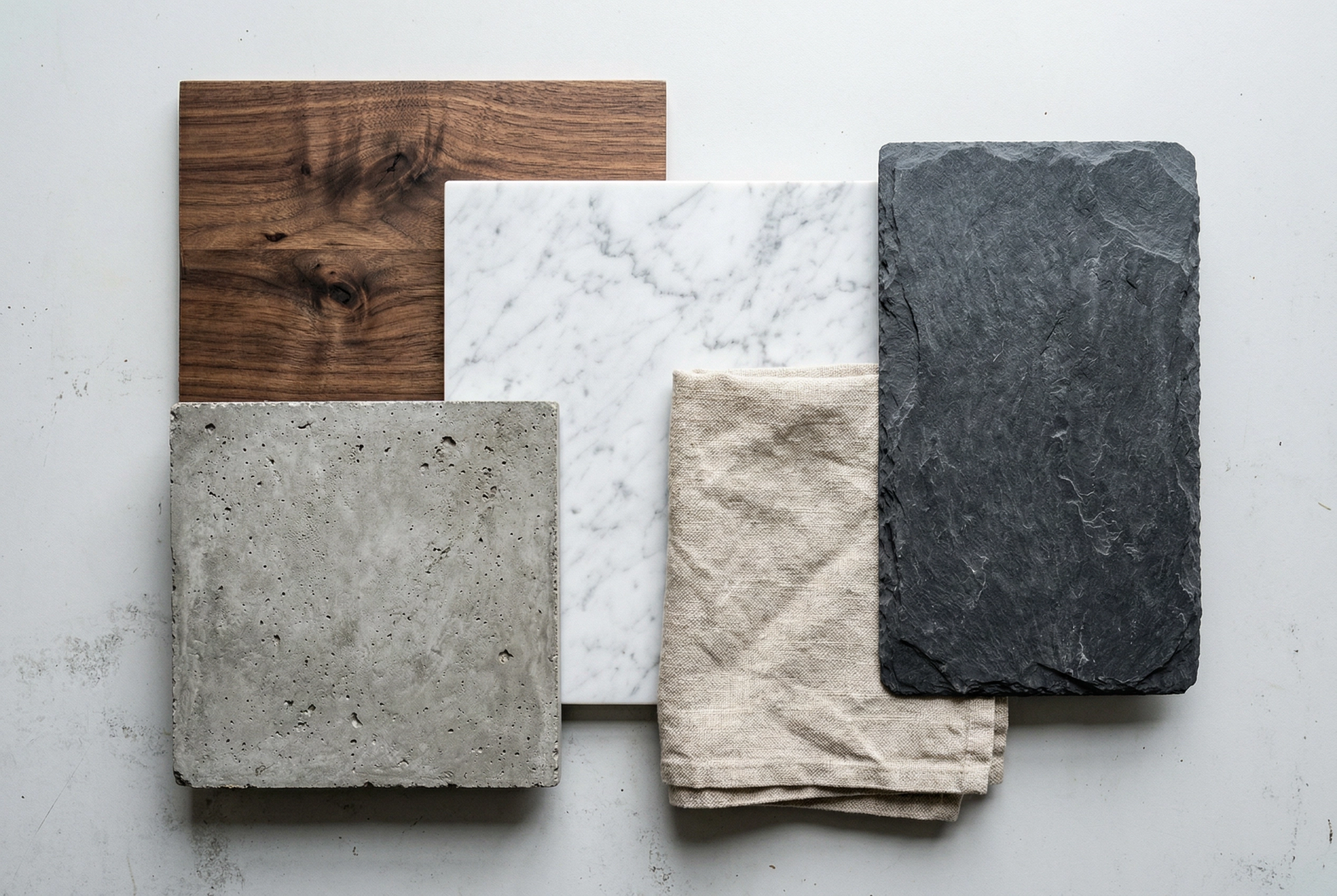 Food photography surface options including dark wood, white marble, concrete, linen, and slate for staging