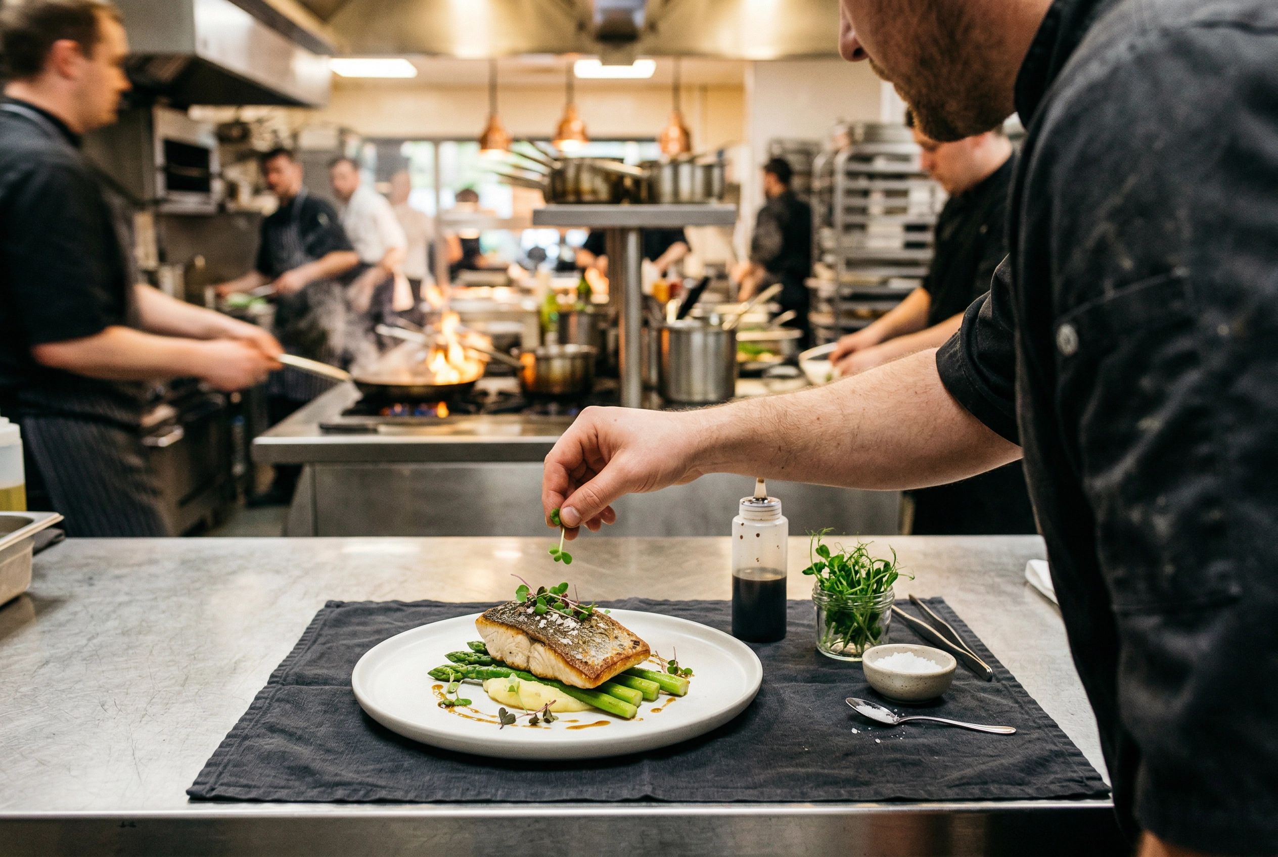 Quick 60-second food photography staging setup in a busy restaurant kitchen with minimal props