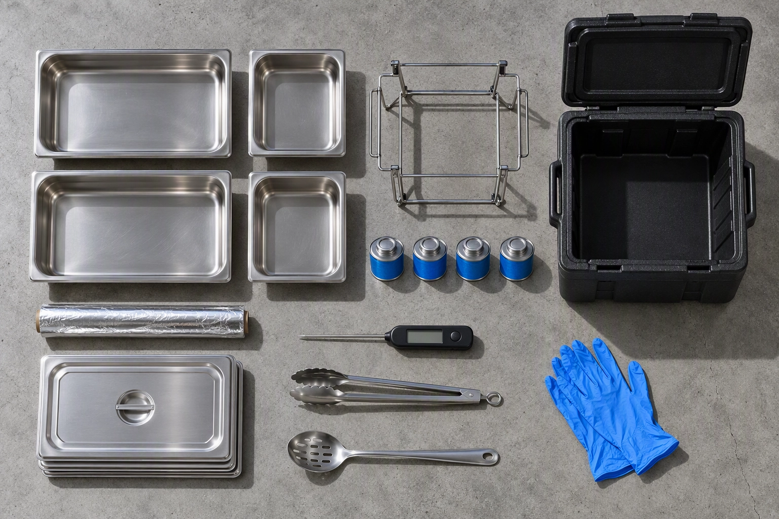 Overhead knolled flat lay of starter catering equipment: hotel pans, probe thermometer, chafing dish frame, fuel cans and tongs
