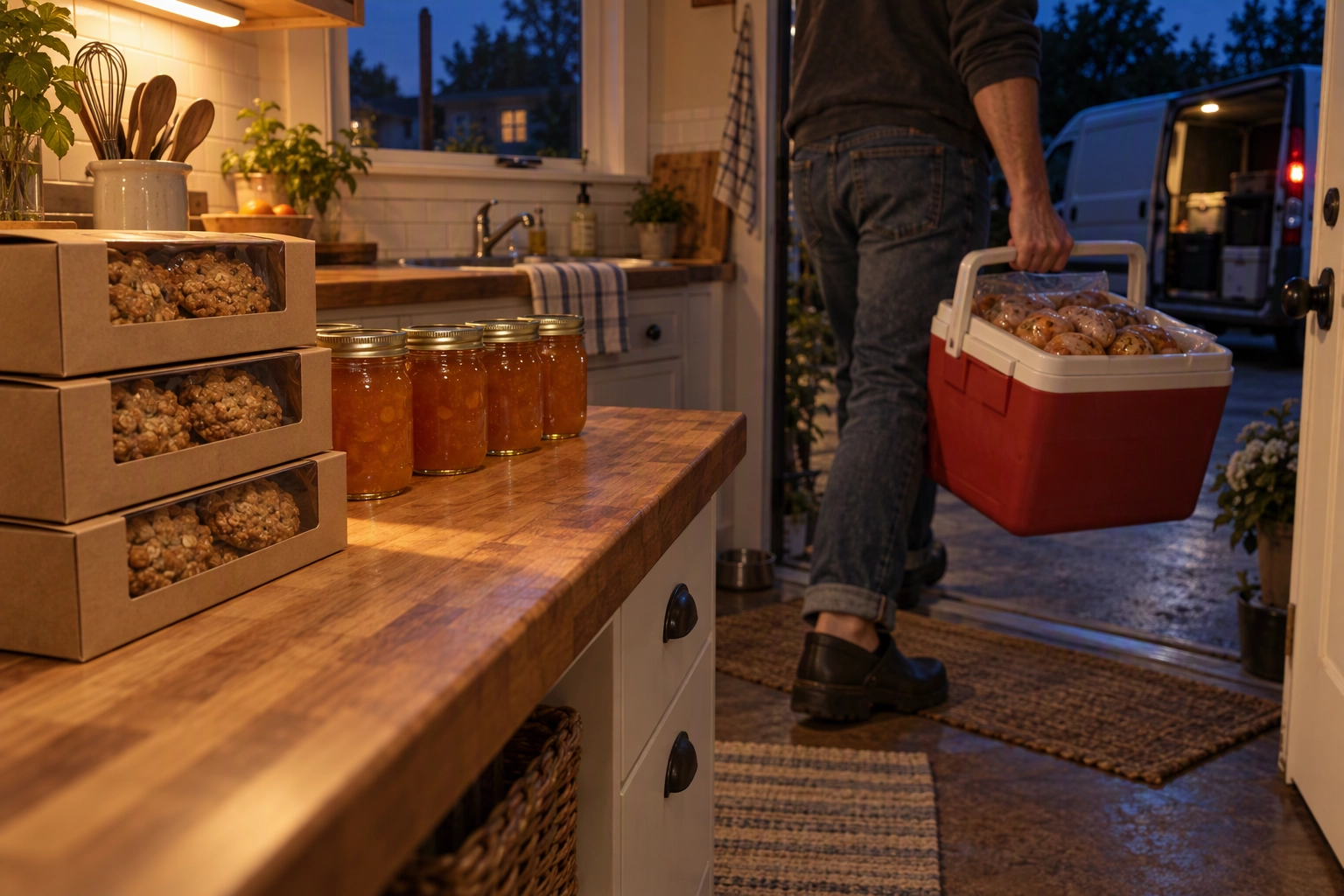 Home kitchen with cottage-food cookies and jam on the counter while perishable catering food leaves in a cooler for a licensed kitchen