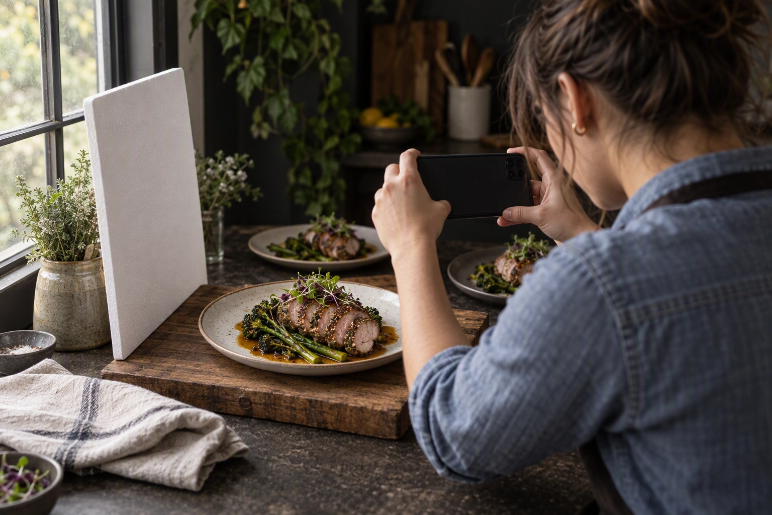 Caterer photographing a plated test dish by a window with a phone to build a catering portfolio for proposals
