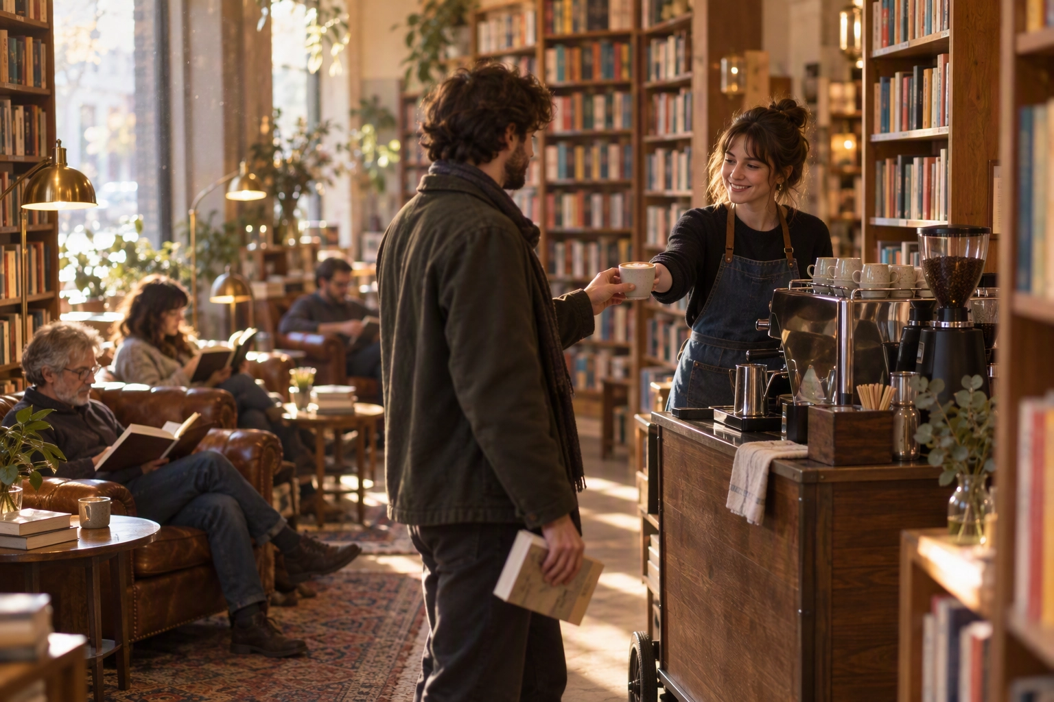 Espresso cart pop-up inside a bookshop, a low-cash way to start a coffee business before signing a lease