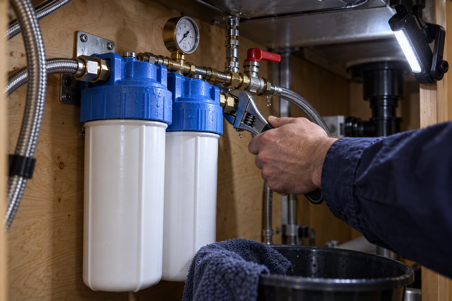 Technician installing cartridge water filtration under a coffee bar, the equipment line new coffee shop owners underbudget