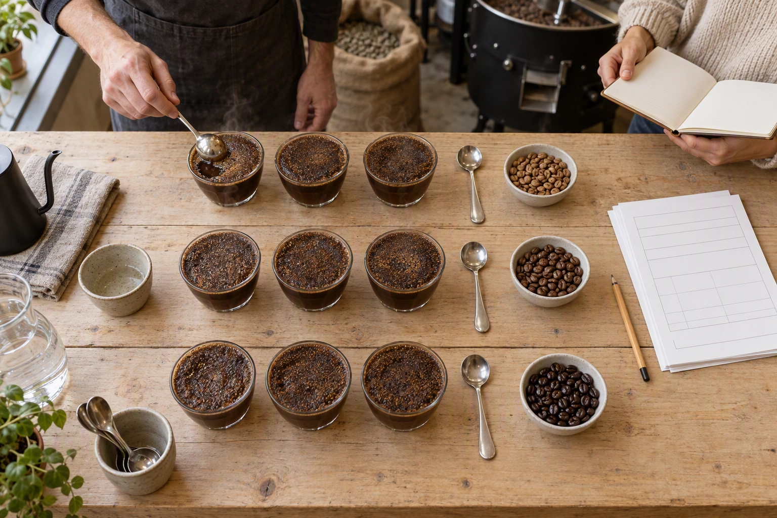 Overhead of a cupping table where a new cafe owner and a coffee roaster taste espresso blend samples before signing