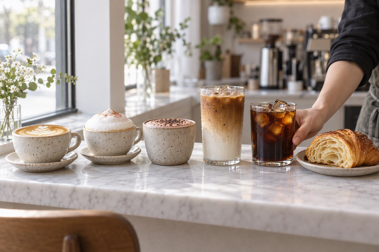 Core coffee shop menu of latte, cappuccino, mocha, iced latte, cold brew and croissant lined up for menu photos
