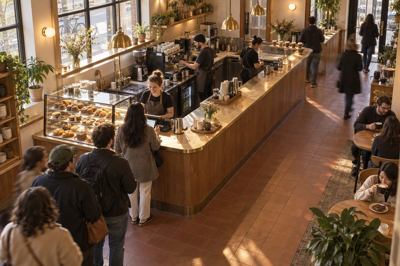 High-angle view of a small coffee shop layout with queue, register and separate pickup counter keeping the line moving