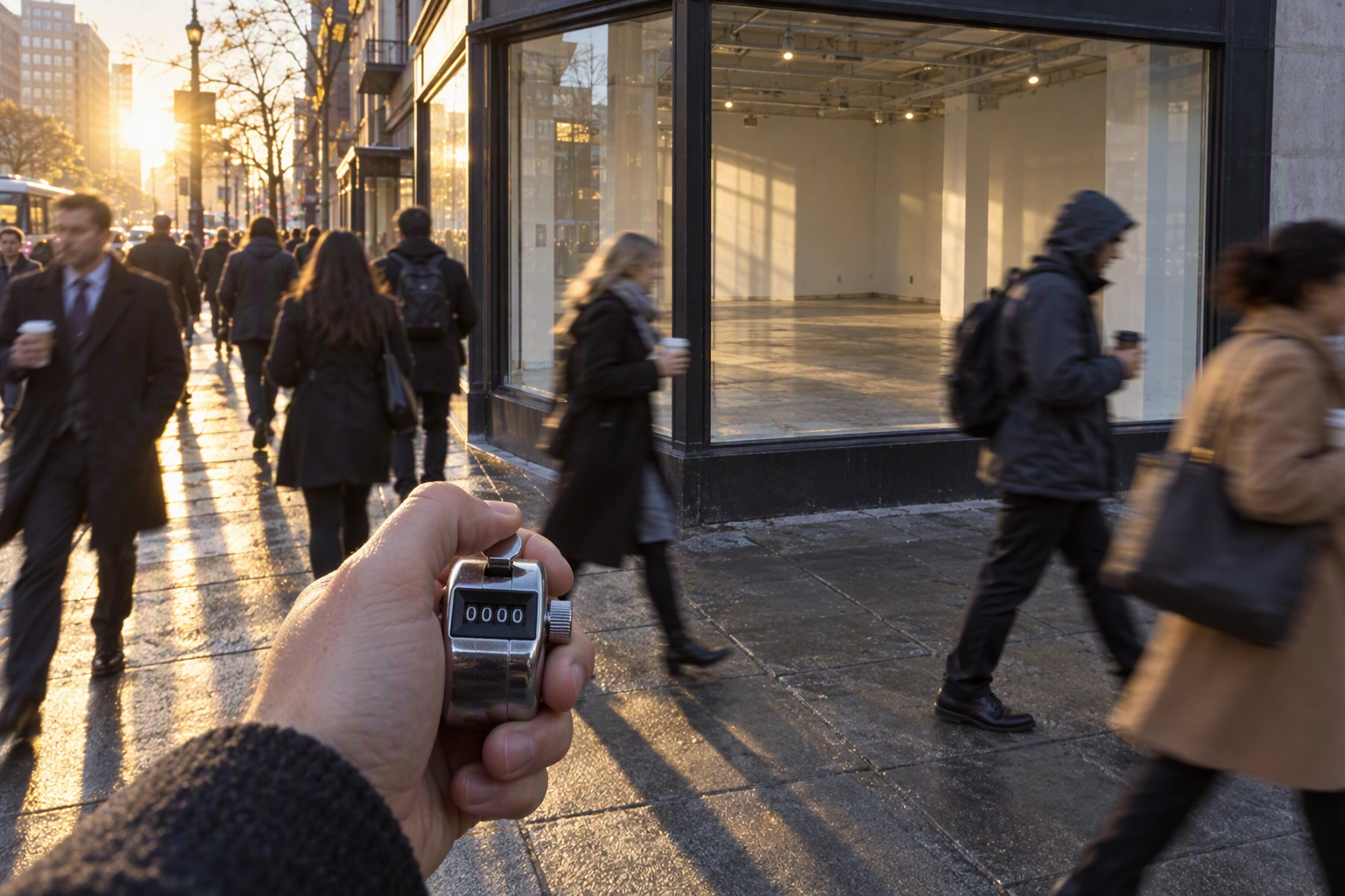 Hand clicking a tally counter to measure morning foot traffic outside a vacant storefront before a coffee shop lease