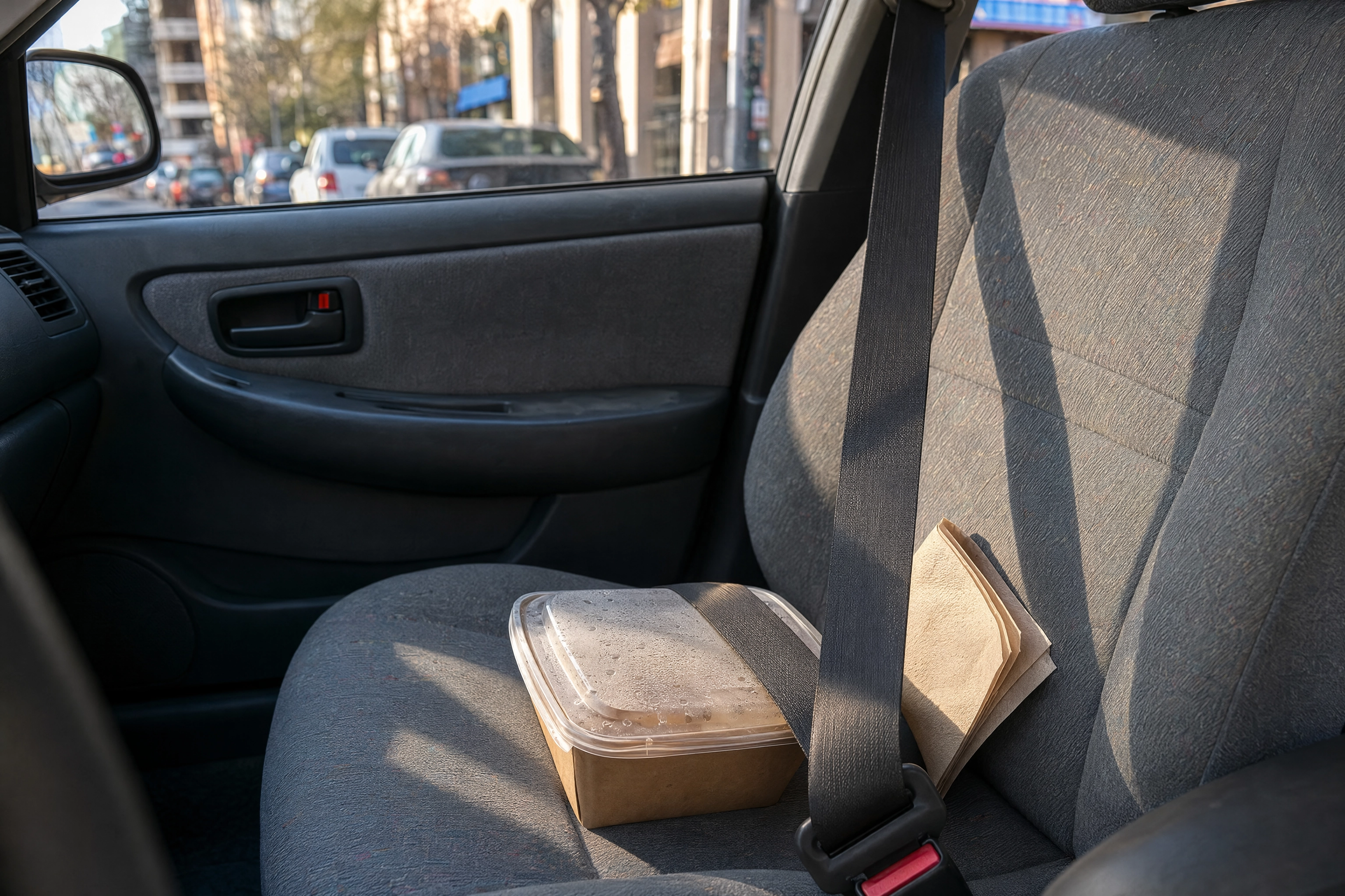 Sealed takeout container belted onto a car passenger seat, the 25-minute delivery ride that decides if a dish travels