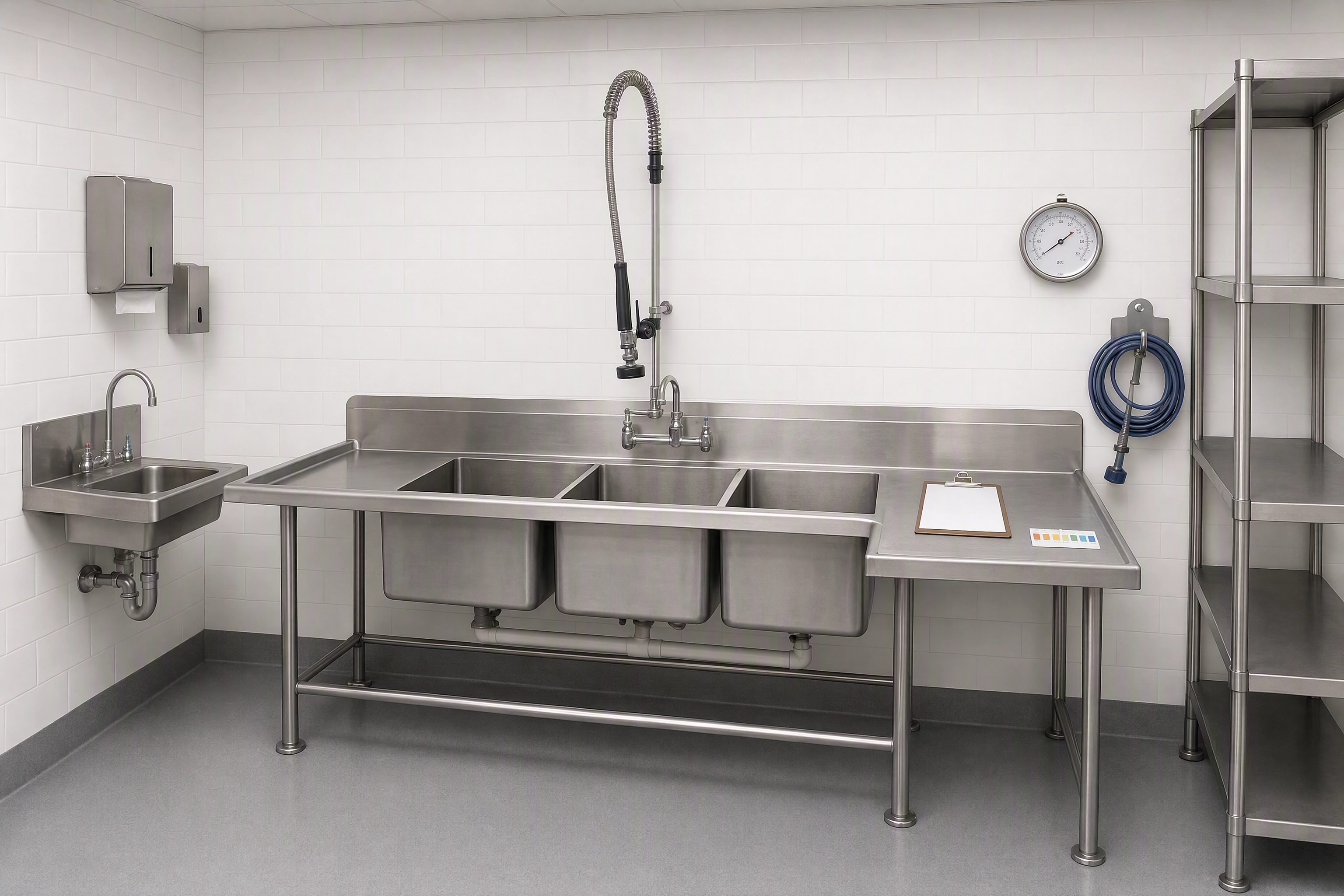 Stainless three-compartment sink and sanitizer test strips in an inspection-ready kitchen for ghost kitchen health permits