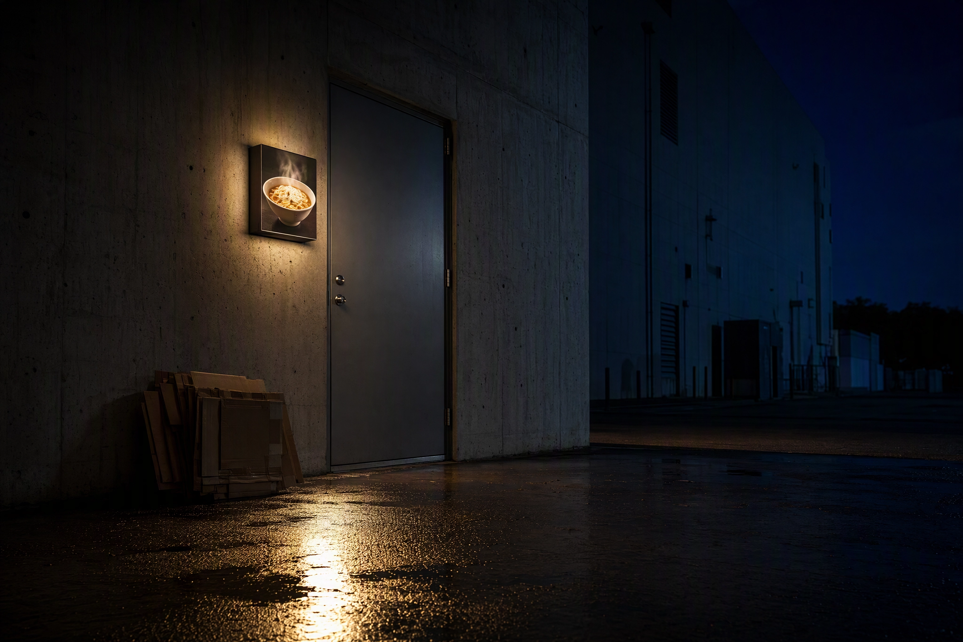 Unmarked delivery kitchen door at night lit only by one glowing dish photo, showing the listing photo as the whole storefront
