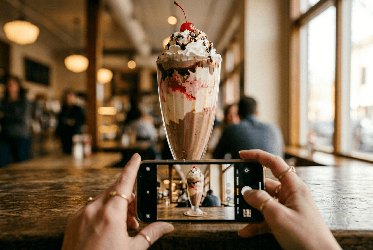 Hands holding phone at eye-level on a café counter to photograph a tall milkshake demonstrating the straight-on angle technique