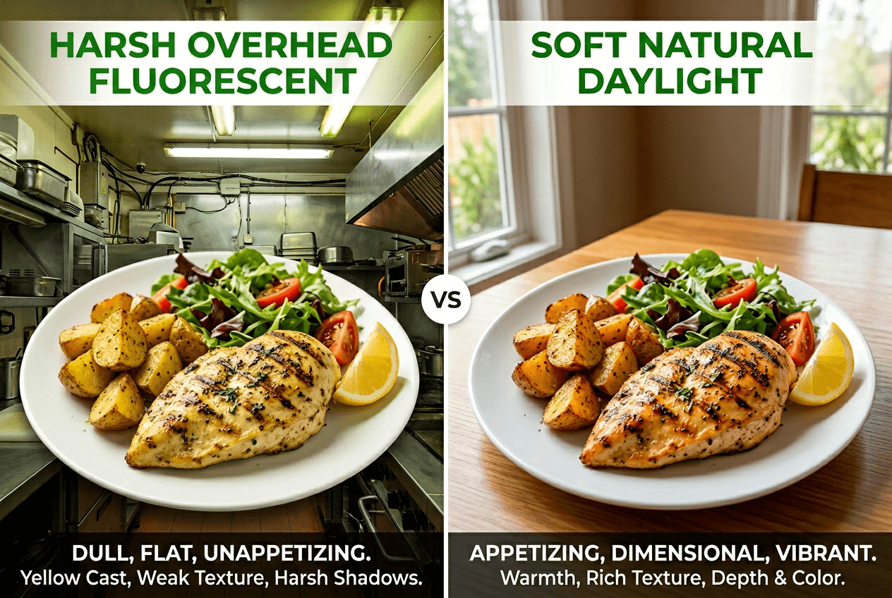 Comparison of food under overhead fluorescent light versus natural window light showing dramatic quality difference