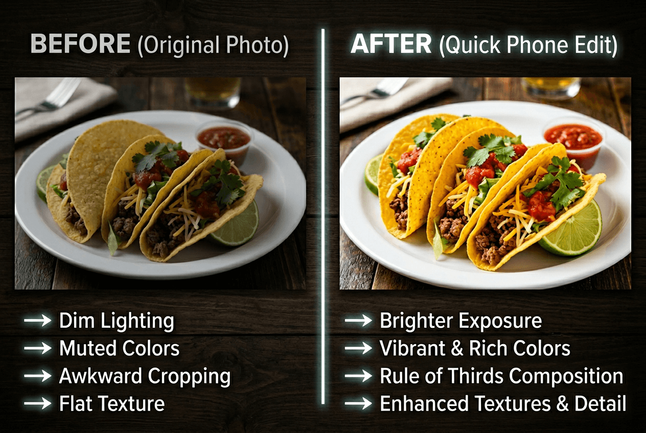 Before and after comparison of phone food photo editing showing improved brightness, colors, and cropping on tacos