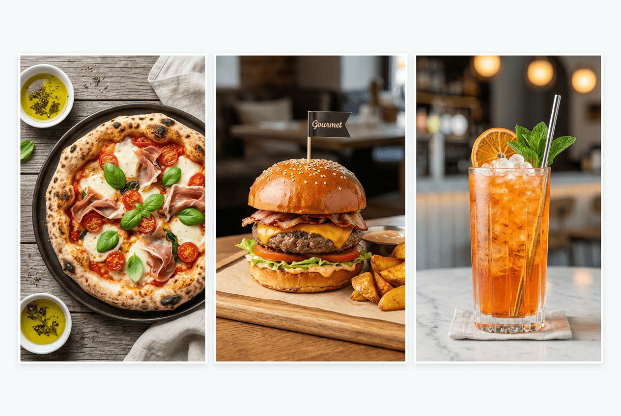 Three food photography angles compared: overhead pizza flat-lay, 45-degree burger, and eye-level cocktail shot