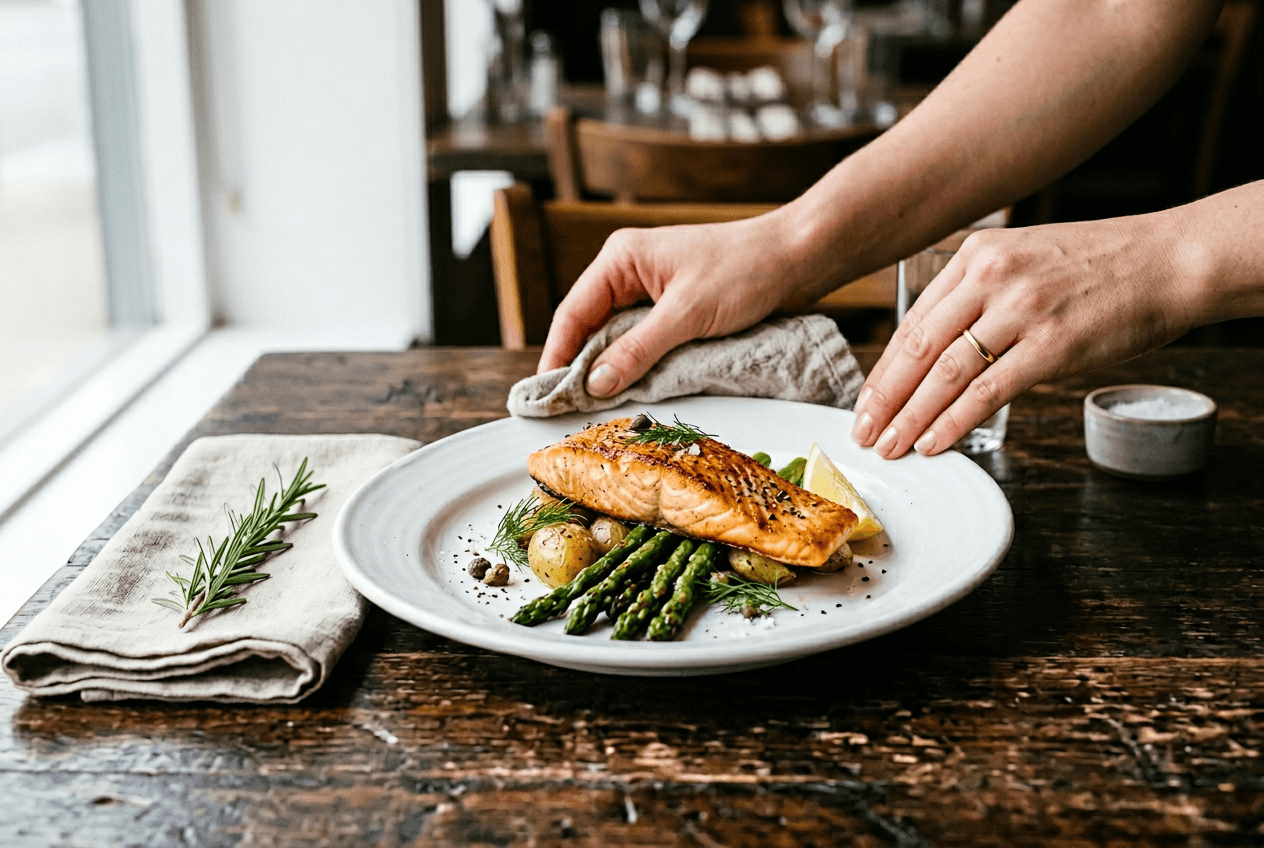 Hands wiping a plate rim before food photography with minimal styling props on a clean dark wood table