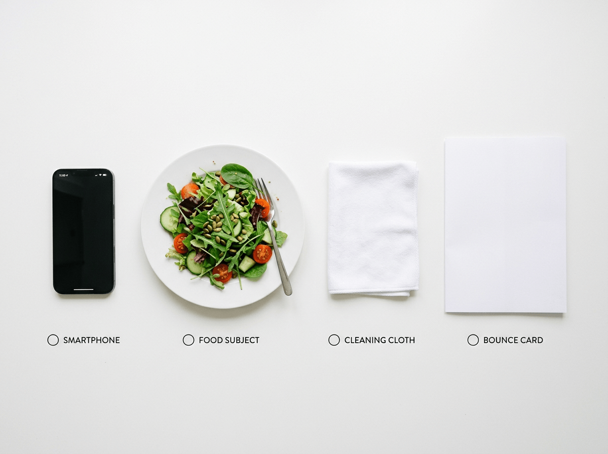 Flat-lay of minimal food photography equipment: smartphone, white cloth, paper reflector, and a plated salad on white surface