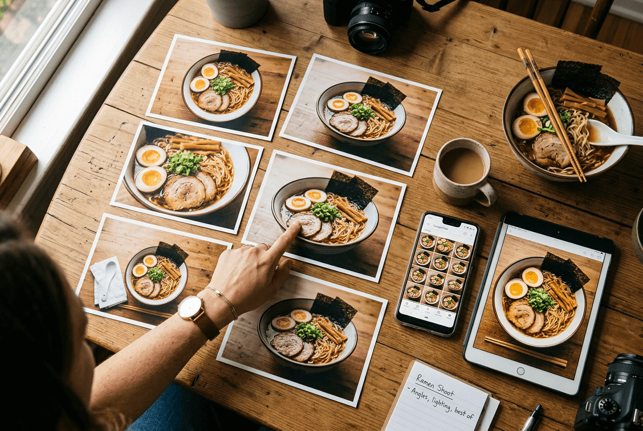 Multiple food photo angles of the same ramen bowl being compared and selected for best composition