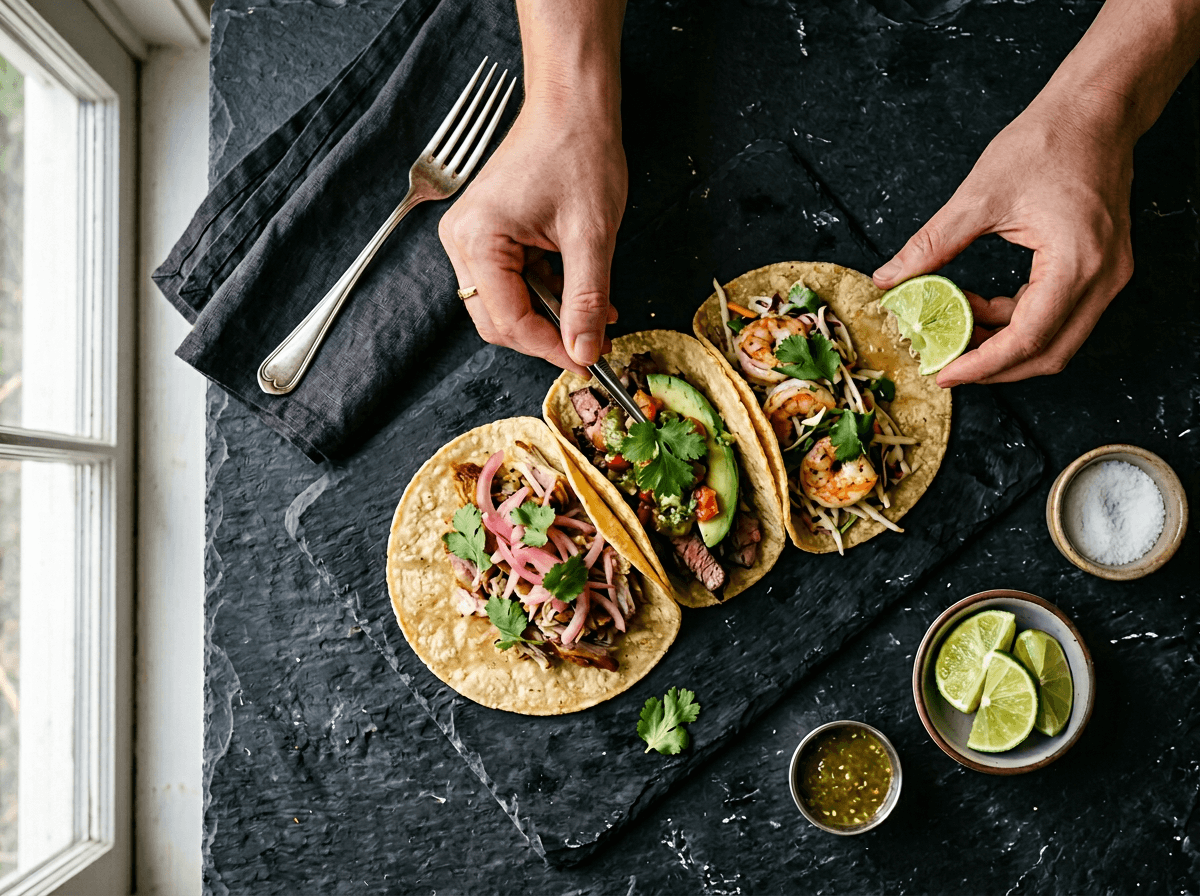 Hands arranging three tacos in odd-number grouping on dark slate showing food photography composition techniques