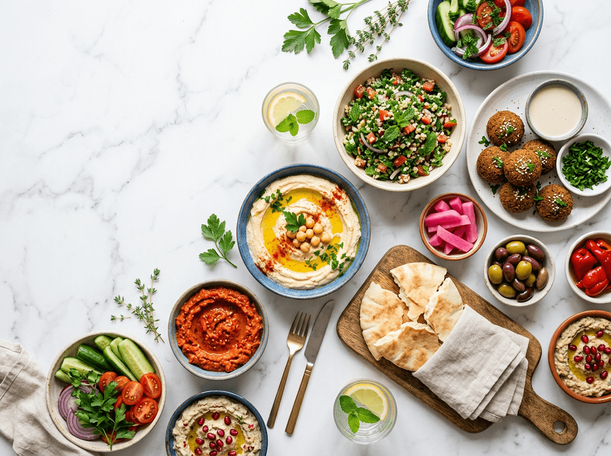 Overhead flat-lay food photo of a colorful Mediterranean mezze spread on white marble demonstrating perfect top-down angle