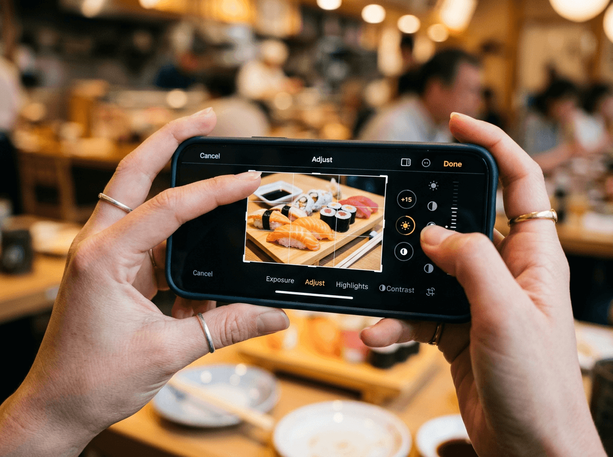 Hands using smartphone built-in photo editor to crop and brighten a food photo of sushi rolls
