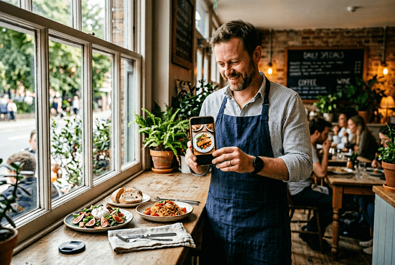 Restaurant owner reviewing food photos on phone near a window light setup in a café kitchen
