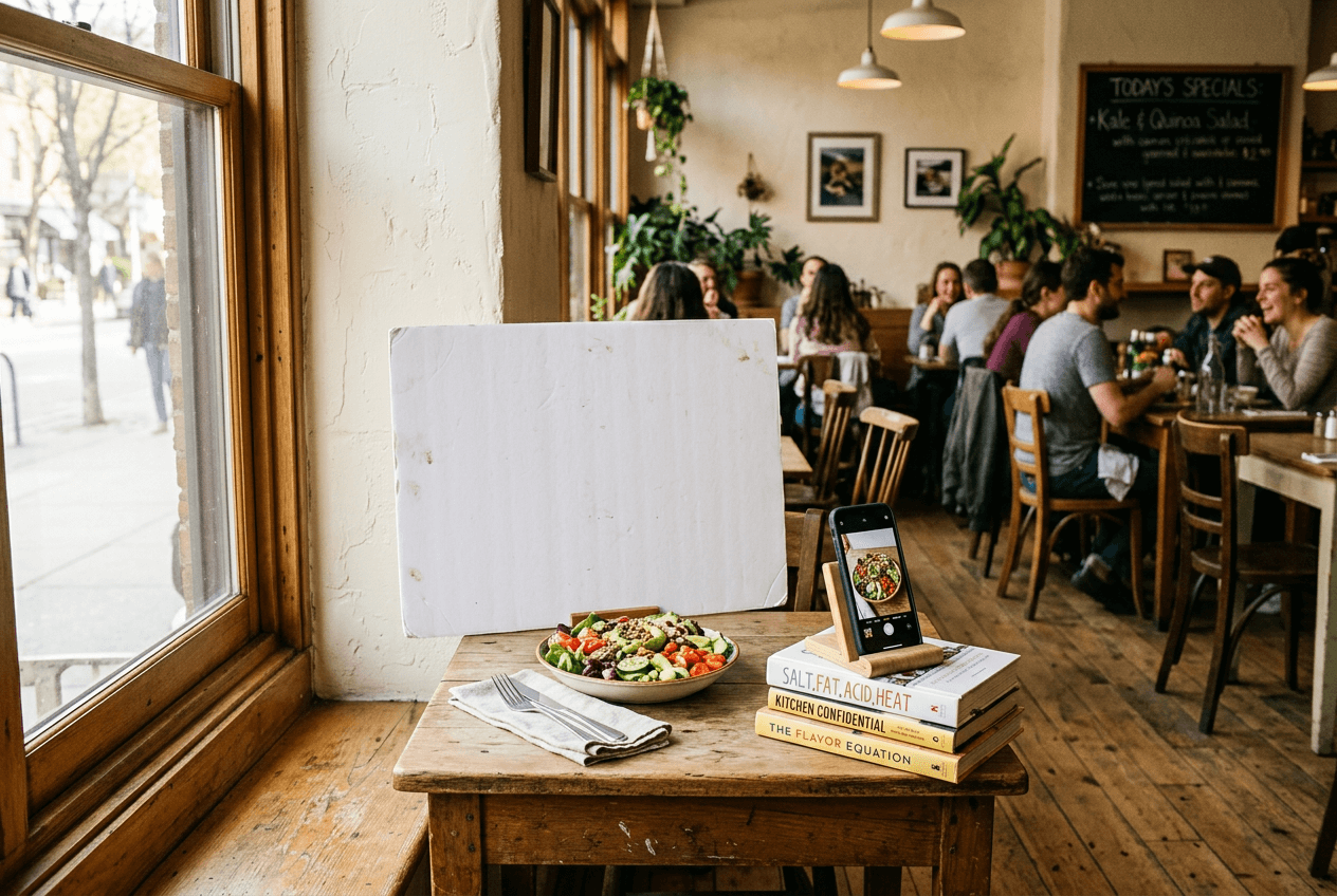 Restaurant photo station setup near a bright window with a plated salad, reflector board, and smartphone ready for food photography