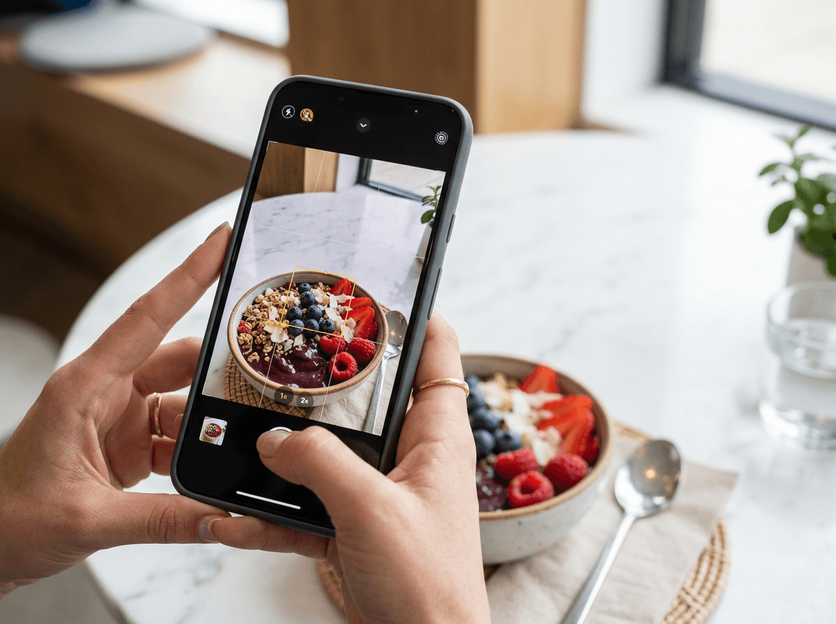 Smartphone camera viewfinder showing rule of thirds grid overlay for food photo composition of an acai bowl
