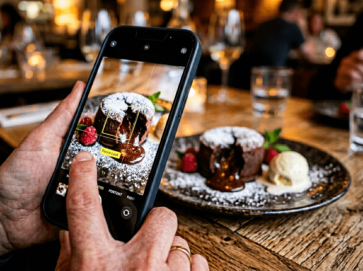 Finger tapping smartphone screen to lock focus on a chocolate lava cake for phone food photography