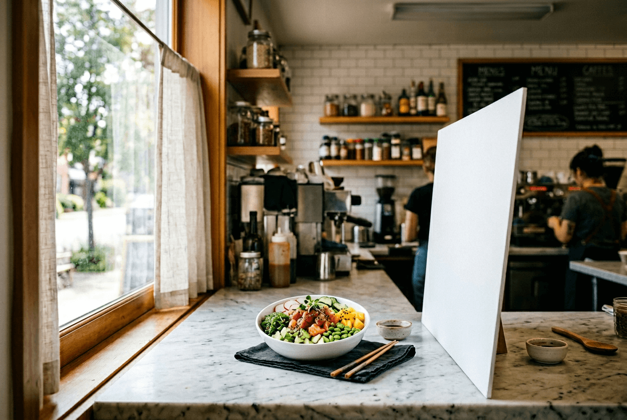 Natural window light food photography setup showing side lighting on a colorful poke bowl with a white reflector board