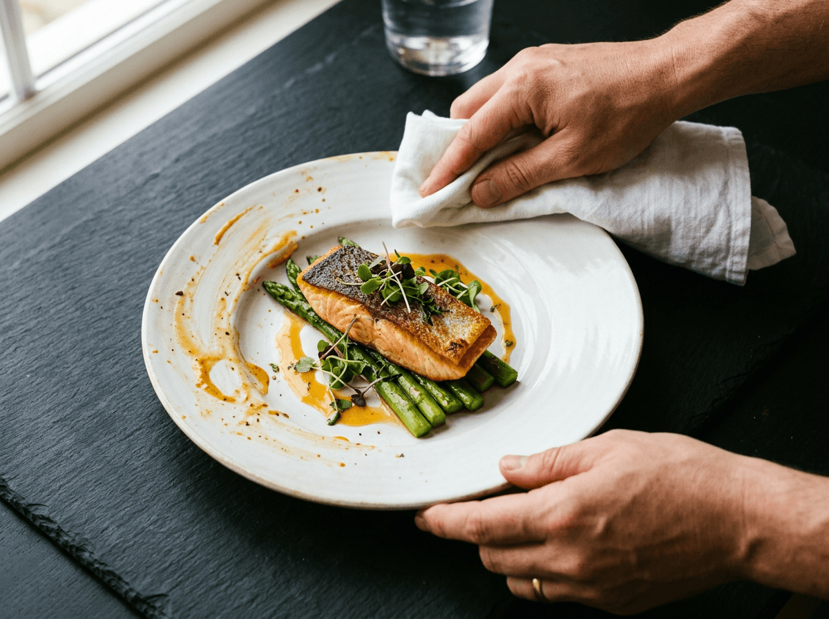 Hands cleaning plate edges before food photography showing the simple improvement of wiping sauce drips for cleaner photos